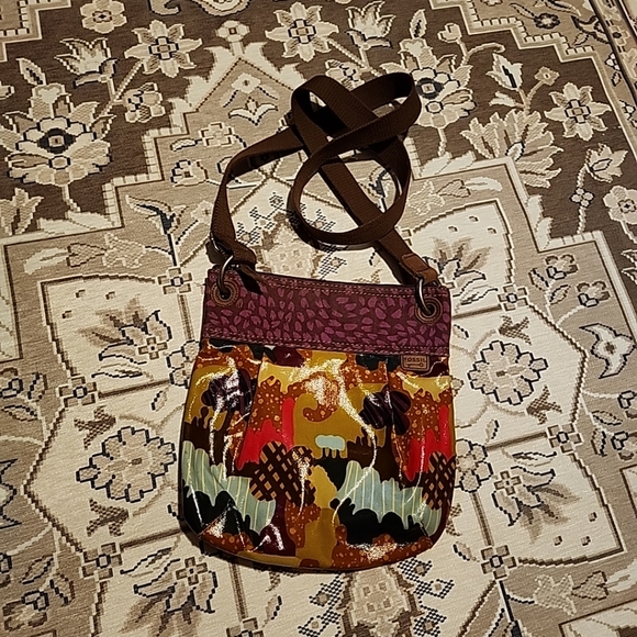 Fossil Calypso Key-Per Magenta geometric trees canvas vynal Crossbody Bag boho - Picture 12 of 12